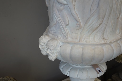 A reconstituted marble Borghese urn on stand, diameter 64cm, height 146cm